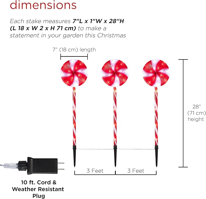 Alpine Corporation 28 Tall Outdoor Christmas Candy Cane Pathway Stake Lights with Multi-FunctionLED Set of 3 Festive Lawn and Garden Holiday Decor Red and White