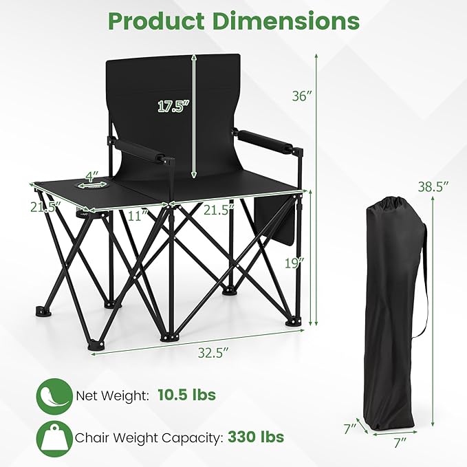 Goplus Oversized Camping Chair with Side Table Folding Heavy-Duty Picnic Chair w/ 2 Storage Pockets Cup Holder Padded Armrests Carrying Bag Portable Outdoor Chair for Fishing RV Trip (Black1)