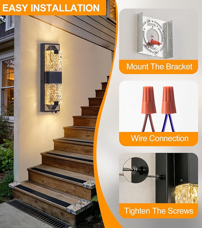 HITTO Porch Lights Outdoor Dusk to Dawn Outdoor Lighting 15.6'' Outdoor Wall Sconce IP65 Waterproof LED Exterior Lamp Ripple Crystal Glass Black&ampGold Modern Porch Light for House Front Door 2