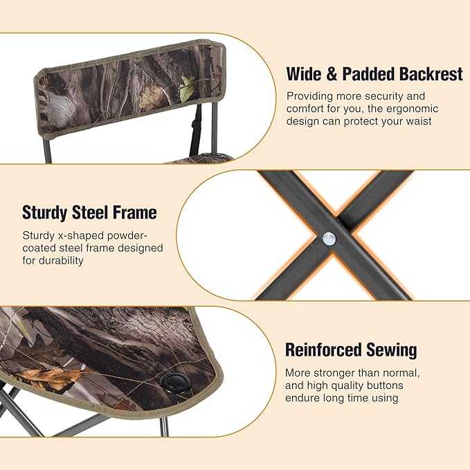REDCAMP 2 Pack Tripod Hunting Chairs for Blinds Folding Lightweight Portable Fishing Chair for Adults Hunting Stools with Backrest Golf Chairs for Spectators Camo