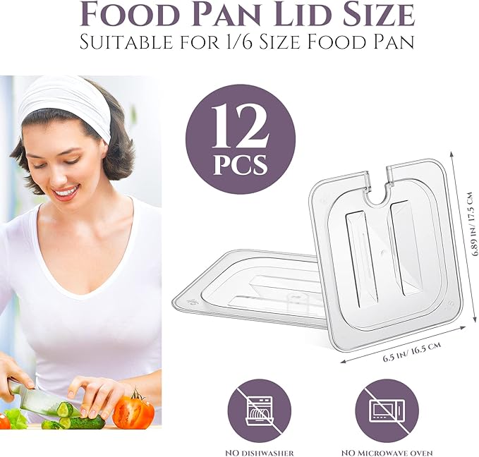 12 Pcs 1/6 Size Food Pan Lid Polycarbonate Universal Handled Food Pan Lid for Commercial Hotel Catering Buffets Restaurants