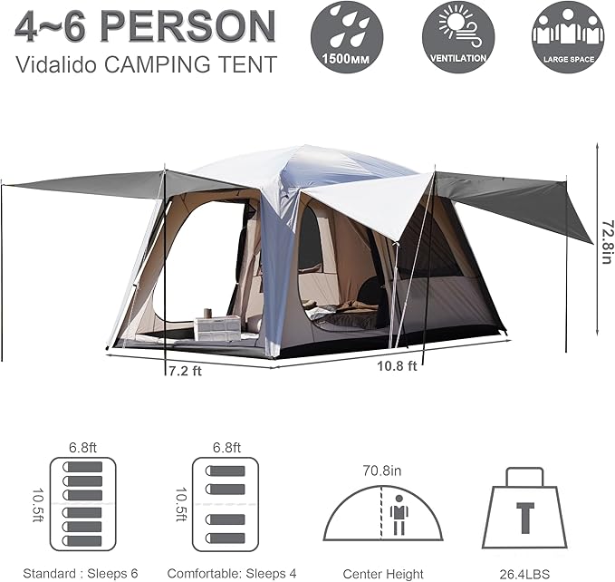 Vidalido 4-6 Person Camping Tent with 3 Door 2 Room Large Family Cabin Tents Double Layer Waterproof Portable Glamping Tent Big Tents for Outdoor Camping Hiking and Backpacking