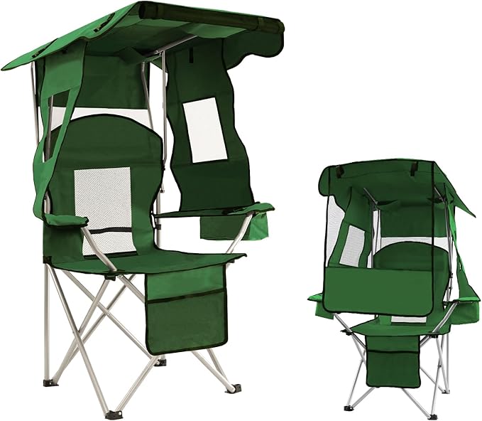 ptlsy Folding Camping Chair with Canopy Beach Chair with Canopy Shade with Cup Holders Cooler Bag for Camping Fishing Beach Sports and Concert (Green)