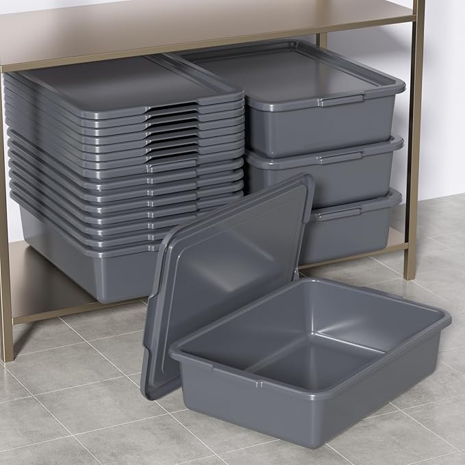 12 Packs Plastic Bus Tub with Lids 13 L Commercial Bus Box Gray