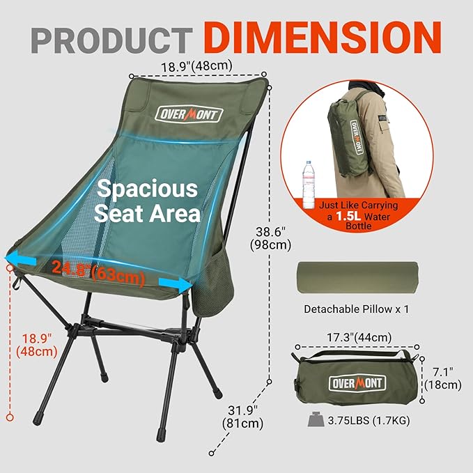 Overmont Oversized Camping Chair for Adults - 400lbs Support Heavy-Duty Padded Seat Outdoor Portable Folding Chair with Cooling Bag Cup Holder Carry Bag Comfortable for Sport Garden Beach Fishing Lawn