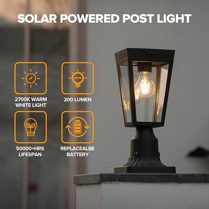LUTEC Outdoor Solar Lamp Post Light with Pier Mount Base Dusk to Dawn Waterproof Post Light Fixtures Black Solar Powered Aluminum Post Lights for Outside