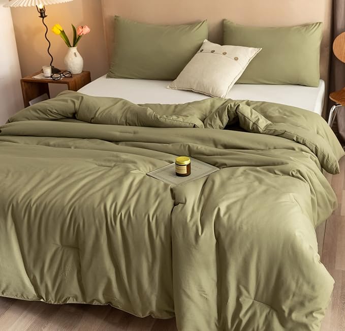 ROSGONIA Queen Comforter Set Olive Green 3pcs Bedding Sets Queen (1 Boho Olive Comforter &amp 2 Pillowcases) All Season Lightweight Blanket Quilt