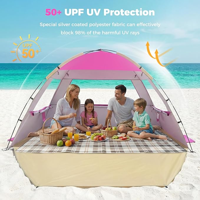Venustas Beach Tent Sun Shelter for 3/4-5/6-7/8-10 Person UPF 50+ UV Protection Beach Canopy Lightweight and Easy Setup Cabana Portable Shade Tent