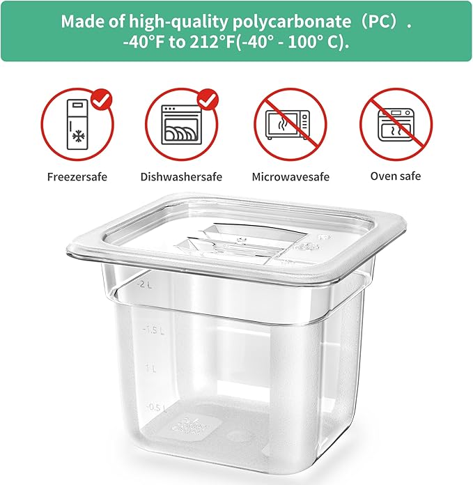 6Pack Food Pans 1/6 Size 6 Inch Deep Commercial Food Storage Containers Polycarbonate Clear (Click to select 1/6 Size 6 Deep With lid)