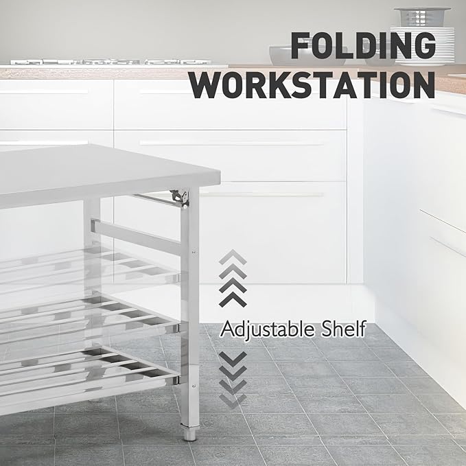 48 x 30 Inch Stainless Steel Prep Table Commercial Worktables &amp Workstations with Adjustable Undershelf Heavy Duty Folding Kitchen Island for Restaurant Kitchen Laundry