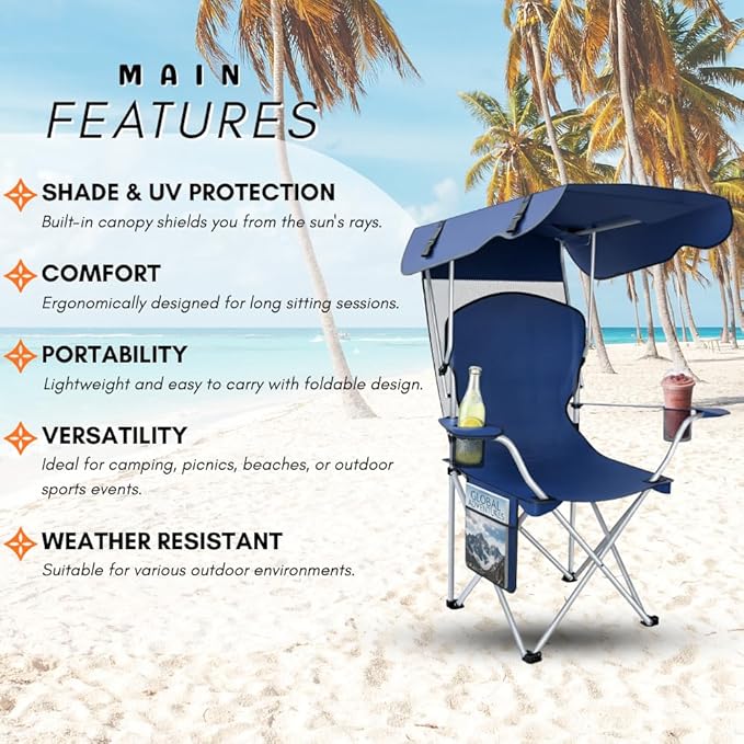 Portable Folding Camping Chairs with Canopy Shade Beach Chair for Adults Durable Weather Resistant 600D Oxford Cloth Camping Chair with Canopy for Outdoors [Navy]
