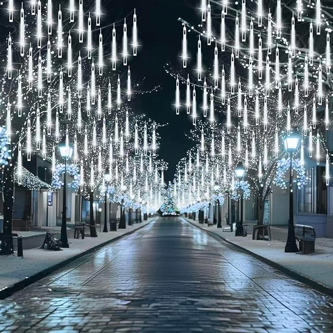 2 Pack Christmas Lights Outdoor Expandable Meteor Shower Lights with Timer Waterproof Falling Rain Light with 16 Tubes 384 LED Plug in Suitable for Garden House Xmas Tree Decorations (Cool White)