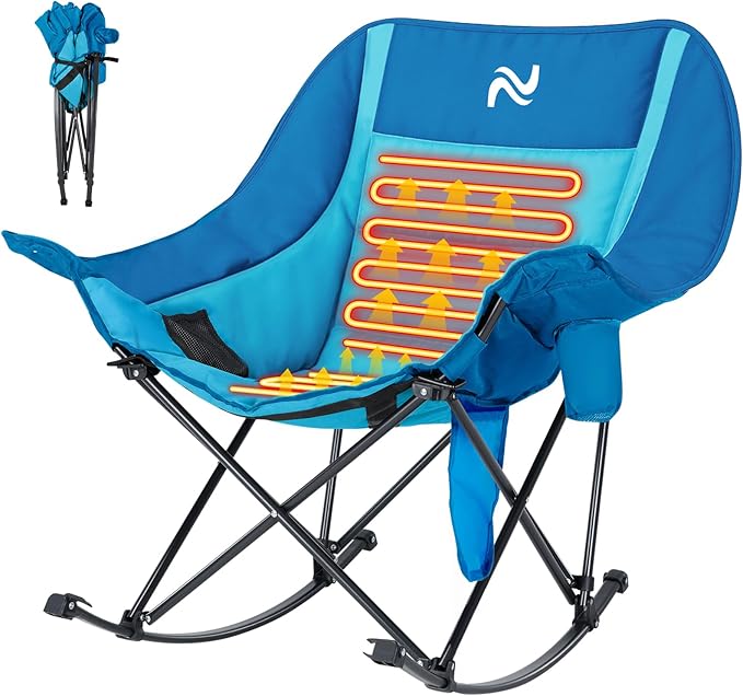 ABORON Heated Oversized Rocking Camping Chair for Adults Fully Padded Folding Outdoor Lawn Chair with Side Pocket Portable Recliner Chair for Camp Patio Backyard Supports 400 lbs