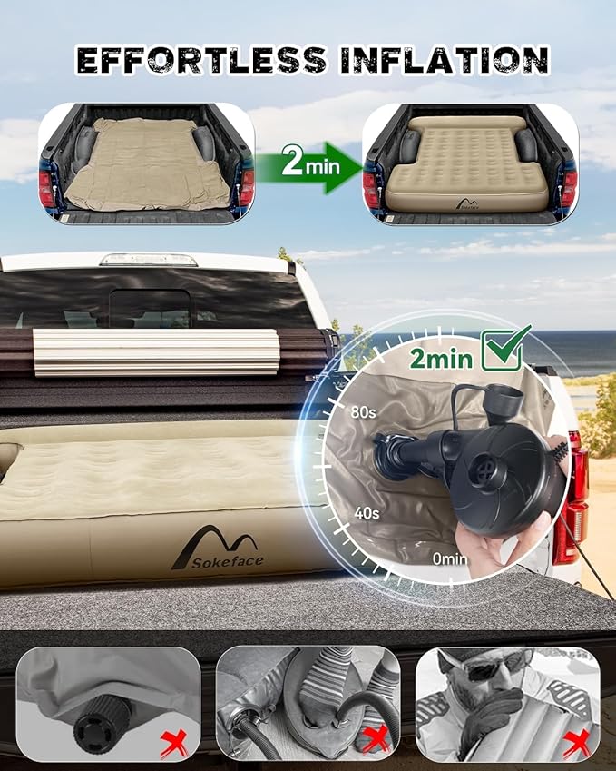 Truck Bed Mattress 5.5-5.8ft for Full Size Pickup Brown Truck Bed Air Mattress Fit for F150 Silverado Leak-Resistant Camping Electric Pump Heavy-Duty Easy Setup Large Carry Bag