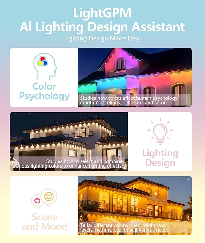 200FT RGB Permanent Outdoor Lights Smart APP &amp Remote Control IP67 Waterproof for Eaves Patio Yard Party Villa 16 Million Colors &amp Scene Modes
