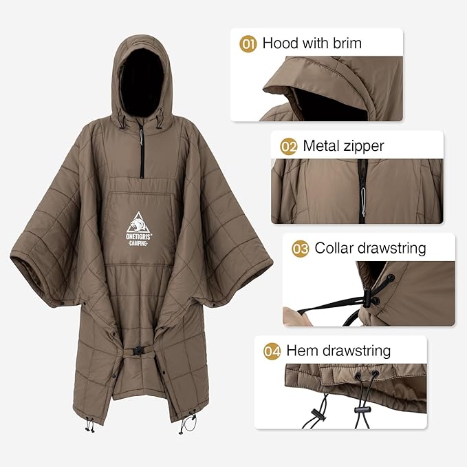 ONETIGRIS Camping Blanket Poncho with with Recycled Synthetic InsulationWearable Hoodie Blanket | Ultralight Water-Resistant Warm Camping Blanket for Outdoor Hiking Stadium