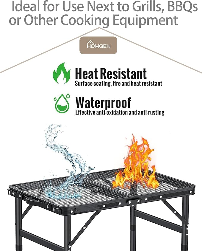 HOMGEN Folding Grill Table Portable-3 Adjustable Height 30/20/9.9 Inch Camping Table-Durable Load-bearing 66lbs-Campact Designed Aluminum Iron Small Folding Table-23*16 Inch Size-For Travel/Picnic/BBQ