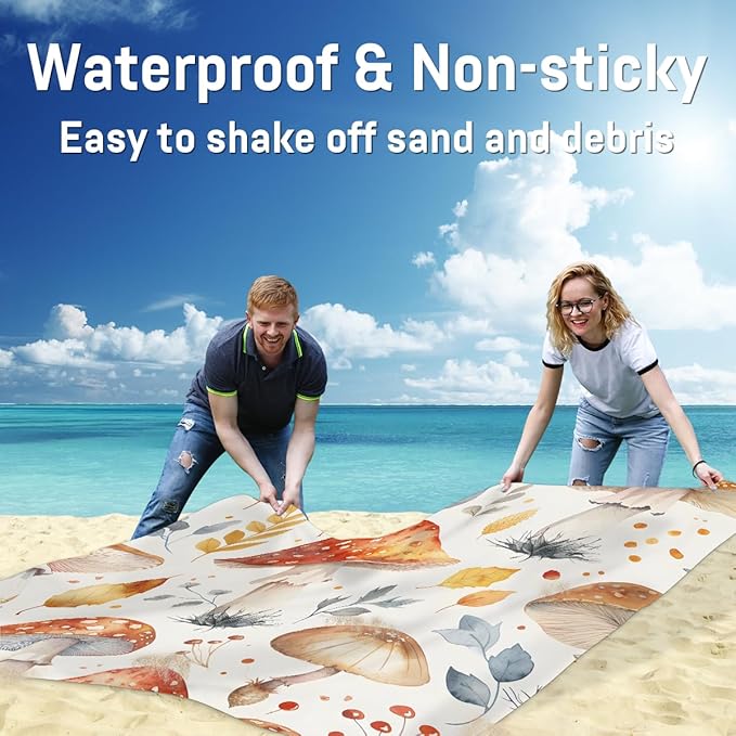 Waterproof Sandproof Beach Blanket 59''×68'' Mushroom Polyester Outdoor Picnic Blanket with 4 Stakes &amp Storage Bag for BeachCampingVacation Orange-Yellow