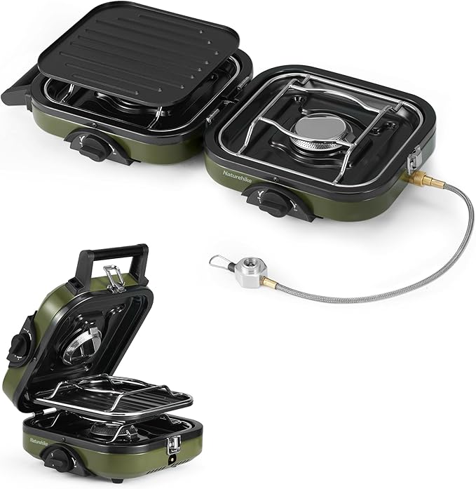 Naturehike 2 Burner Folding Camping Stove with Griddle Portable Camp Isobutane Gas Stove with 16000 BTU Adjustable Burners &amp Piezo Ignition
