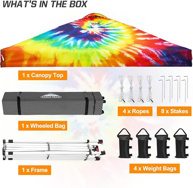EAGLE PEAK Pop Up Canopy Tent with Wheeled Carry Bag 8 Stakes 4 Ropes 4 Weight Bags Easy Set Up Tent Canopy 10x10 ft 100sqft of Shade Cosmic Tie Dye