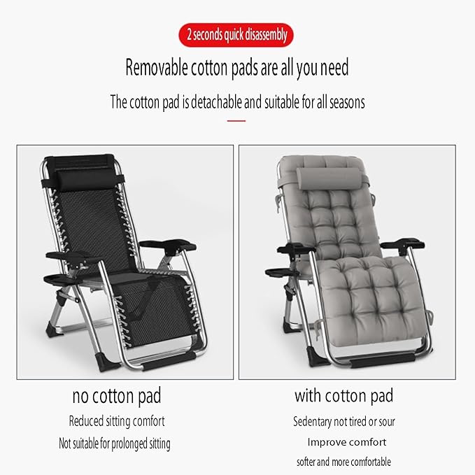 Oversized Padded Zero Gravity Chair Folding Outdoor Recliner Adjustable No Installation Easy to Carry Strong Load-Bearing for Gardens Balconies Camping(Grey)