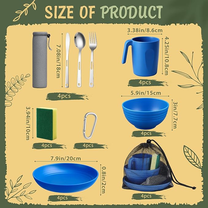 Camping Mess Kit for 4 Reusable Plastic Camping Dishes Set Light Weight Tableware Kit Utensils for Backpacking Hiking Picnic Outdoor Essentials Gear