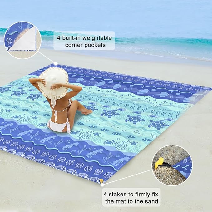 Beach Blanket Waterproof Sandproof Oversized 9 Ft X 10 Ft Sand Free Extra Large Beach Mat with 4 Corner Pockets and Stakes Lightweight Portable for Beach Picnic Travel Camping Outdoor