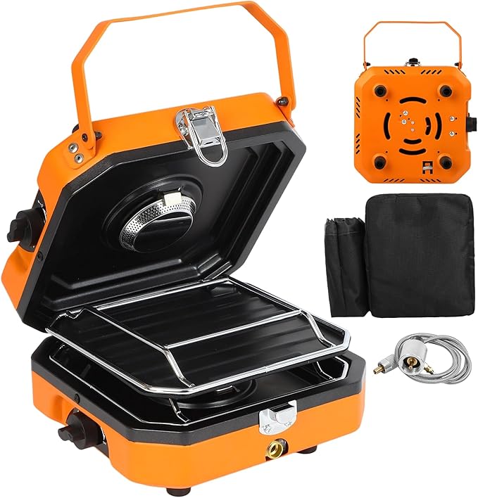 Adjustable 2-Burner Portable Stove with 16000 BTU with Camping Grill and Carrying Bag Portable Propane Camp Stove with 2 Burners &amp Piezo Ignition for Camping Backyard BBQTailgating (Orange)