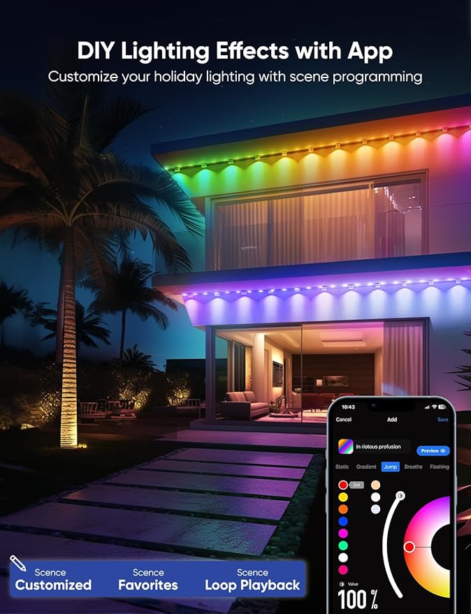 APPECK Permanent Outdoor Lights Pro 100ft 72W RGBCW Eaves Lights with 72 LED Lights 80lm Cuttable 111 Scene Modes IP67 Waterproof Lighting for Christmas Decoration Compatible with Alexa White