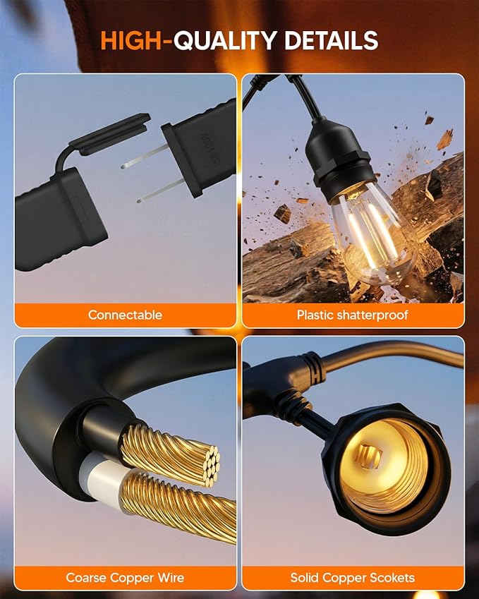 100FT S14 Outdoor String Lights 64+4 Shatterproof Bulbs 2W 1.5FT Spacing IP65 Waterproof| Dimmable with Remote Heavy-Duty Include Screw &amp Zip Ties for Patio Backyard Holiday Outside