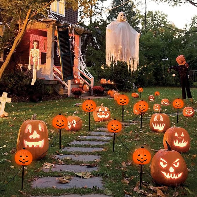 SUNSGNE Halloween Pathway Lights Outdoor Set of 4 Halloween Pumpkin Stake Lights Connectable Jack-O-Lantern Walkway Light for Holiday Garden Party Driveway Lawn Lighting Decor