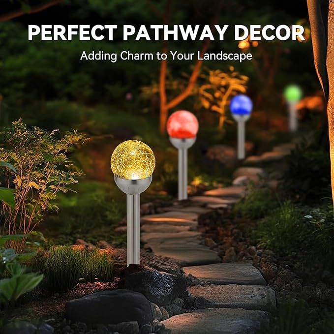 Solar Lights Outdoor 6 Pack LED Color Changing Stainless Steel IP66 Waterproof Crystal Cracked Glass Solar Garden Lights Christmas Lights Outdoor for Landscape Yard Walkway Pathway Multicolor