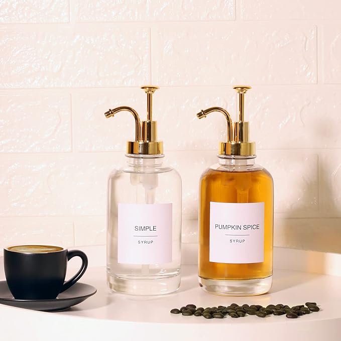 Coffee Bar Accessories - Glass Coffee Syrup Dispenser with 84 Syrup Labels (Set of 2) Fancy Pump Dispenser 16.9 oz Gold