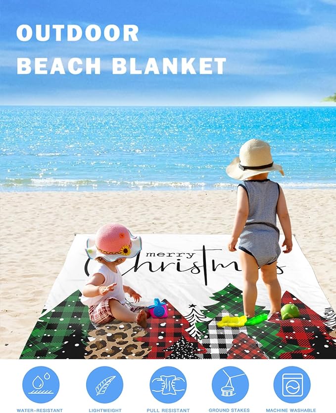 Beach Blanket Waterproof Sandproof Christmas Tree Classic Tartan Quick Drying Beach Mat with 4 Stakes Red Black Farmhouse Buffalo Plaid Lightweight Picnic Blanket for Travel Camping Outdoor 83x79