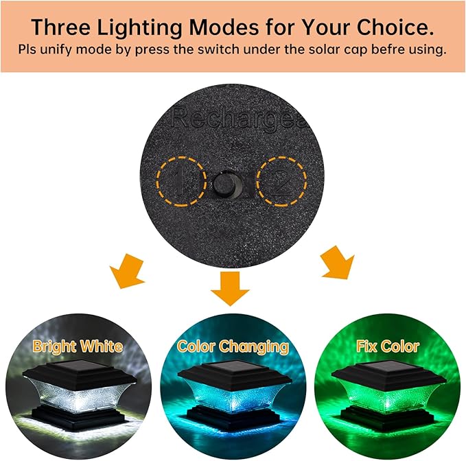 HUYIENO Solar Post Cap Lights - Outdoor LED Deck Fence Cap Light 9 Light Modes Bright White/7 Color Fixed &amp Cycling Modes Suitable for 4x4 &amp 5x5 Wooden Posts Black 4pk