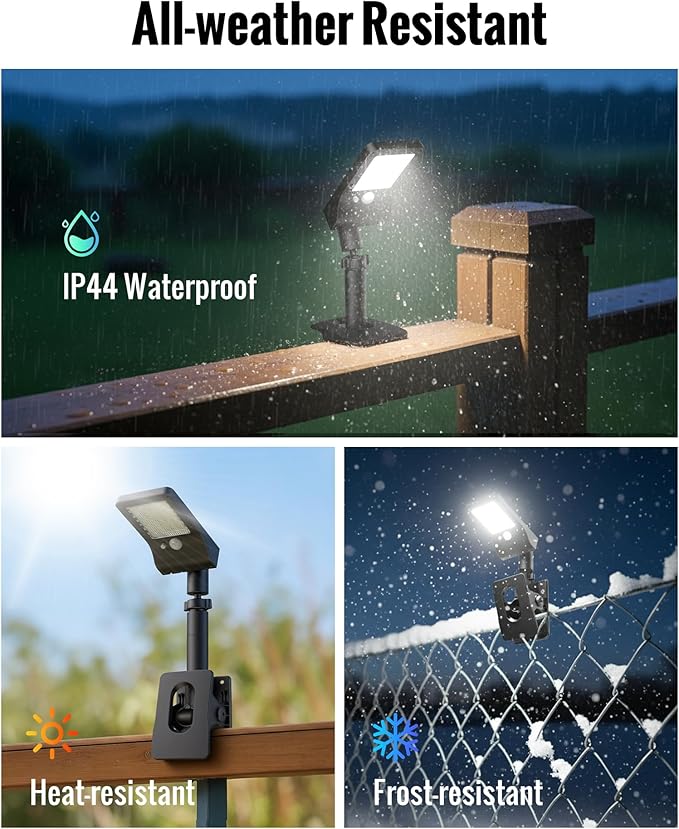Clip On Solar Lights Outdoor 350LM Solar Motion Sensor Clamp Light with 1200mAh Battery 3 Modes 360° Adjustable Waterproof Fence Lights for Porch Mailbox Camping Emergency Security