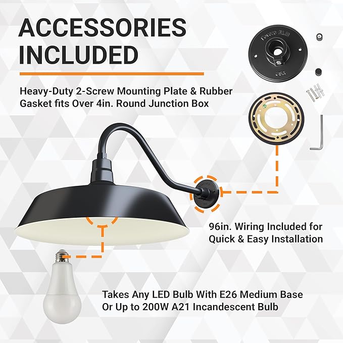 21in. Satin Black Oversized Outdoor Gooseneck Barn Light Fixture With 22in. Long Arm - Wall Sconce Farmhouse Vintage Antique Style - UL Listed - 9W 900lm A19 LED Bulb (5000K Cool White)