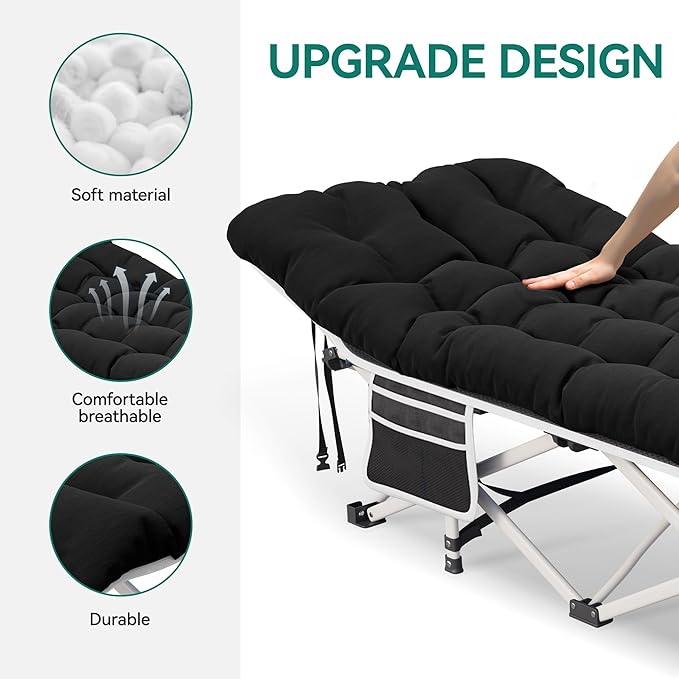 YITAHOME 2 Pcs Camping Cots w/Mattress Portable Lounge Chair Outdoor Folding Cot Heavy Duty 575 LB Capacity 1200D Oxford w/Carry Bag Travel Camp Bed for Camping Office Traveling Black
