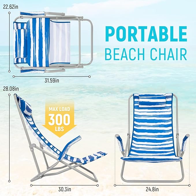 #WEJOY High Back Beach Chair for Adults Heavy Duty Beach Chairs for Adults with Headrest Lightweight Portable Chair for Camping Sand Lawn Support to 300lbs Blue
