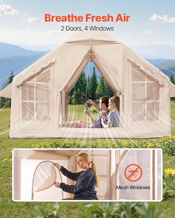VEVOR Inflatable Tents for Camping Easy Setup Blow up Tent with Hand Pump 4 Season Glamping Tent with Stove Jack Doors &amp Mesh Windows Storage Bag Included for Easy Taking