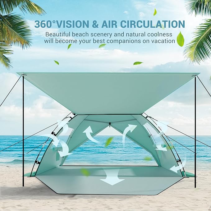 Elegear CumbreX™ Beach Tent Sun Shelter with Canopy 4-5 Person Pop Up Beach Tent Easy Setup UPF 50+ UV Protection Portable Lightweight Double Silver Coating Cabana Sun Shade Shelter - Green