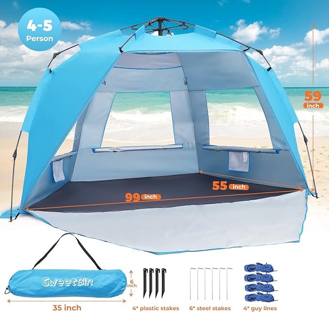 Pop Up Beach Tent Portable Beach Folding Sun Shade Shelter UPF 50+ Protection Easy Setup and Carry Double Silver Coating with 3 Ventilation Window Large Size Perfect for Family 4 People