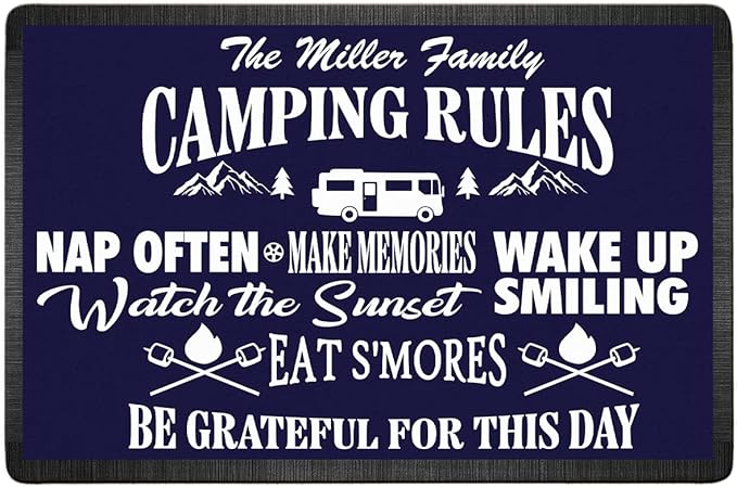 Personalized Camping Rules Welcome Doormat - Custom Family Name and RV Door Mat Accessories for Inside Outside Funny Campsite Decorations for Travel Trailers Style 01
