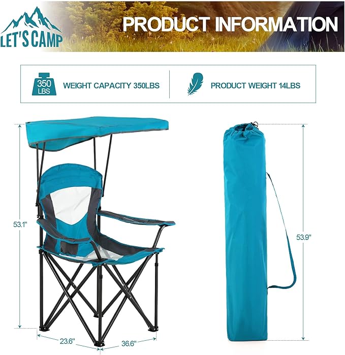 LET'S CAMP Camp Chair with Shade Canopy Folding Camping Chair with Cup Holder and Carry Bag for Outdoor Camping Hiking Beach Heavy Duty 350 LBS