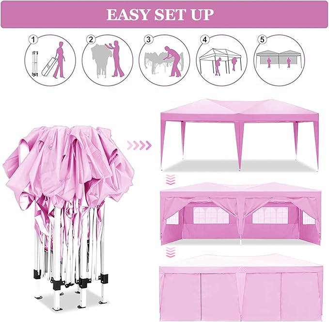 10x20 Pop Up Canopy Tent Heavy Duty with 6 Removable Sidewalls Water Resistant UV-Resistant Portable Outdoor Instant Event Shelter for Parties Weddings Camping Pink