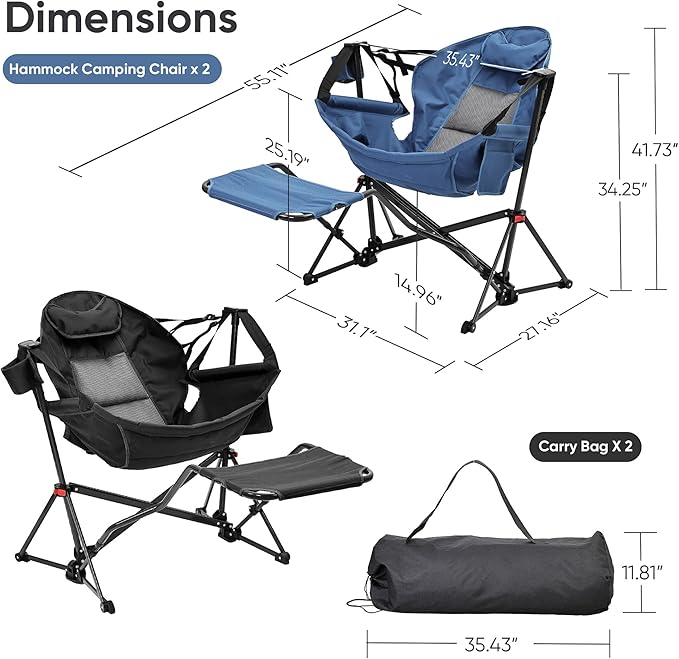 Ainfox Hammock Camping Chair with Footrest Heavy Duty Foldable Portable Rocking Hammock Chairs Outside Swinging Camp with Cup Holder Pillow for Outdoor Patio Poolside Black Dark Blue
