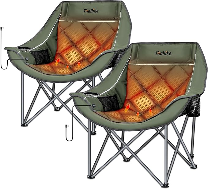 Heated Oversized Camping Chair for Adults Portable Folding Padded Chair with 3 Heat Levels Cup Holder Side Pocket and Carry Bag for Camping Outdoor Sports Picnic Green 2 Pack Set Supports up to 450lbs