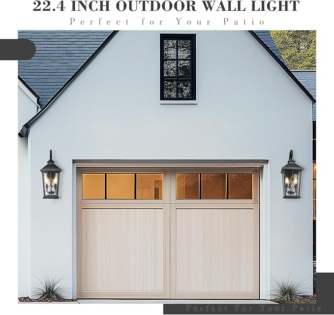 Emliviar 22.4 Large Outdoor Wall Light Matte Black Exterior Lighting Fixtures with Water Glass Shade Outside Wall Lantern with E12 Bulb Base WE301BM-SD BK