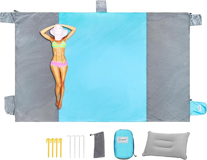 Beach Blanket Sandfree 10x9 ft Extra Large Size Waterproof Sandproof Travel Map for 7 Adults Outdoor Portable Accessories Camping Hiking Mat W/ 7 sand pockets 1 storage Pockets &amp Inflatable Pillo