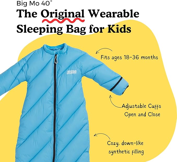 Big Mo 40° Kids Sleeping Bag (Ages 18-36m). The Coziest Funnest Camping Sleeping Bag for Kids with Adjustable Cuffs.